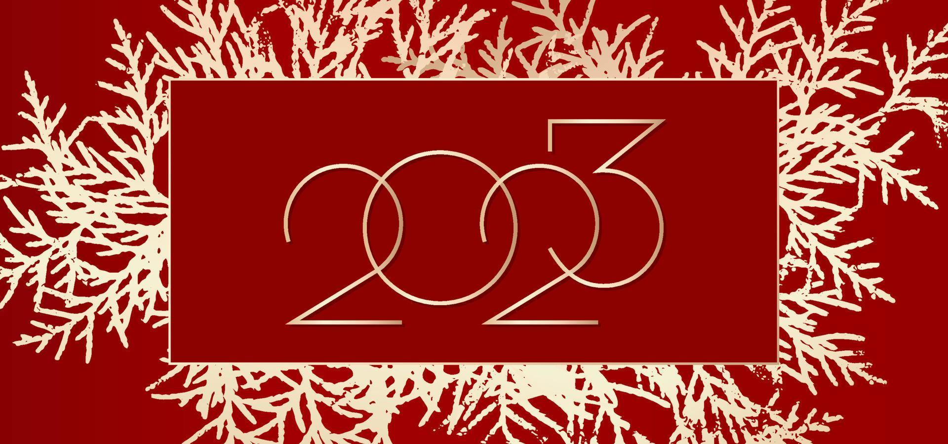 Diseño de fondo de feliz año nuevo 2023. fondo rojo con árbol de navidad dorado. tarjeta de felicitación, pancarta, póster. ilustración vectorial vector