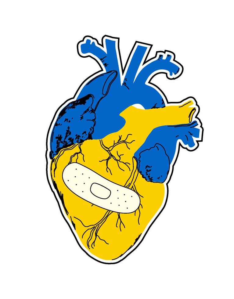 Vector stickers and labels. Laptop sticker. Heart in the colors of the Ukrainian flag. The concept of stay with Ukraine. Stop the war. Fight support. Vector illustration.
