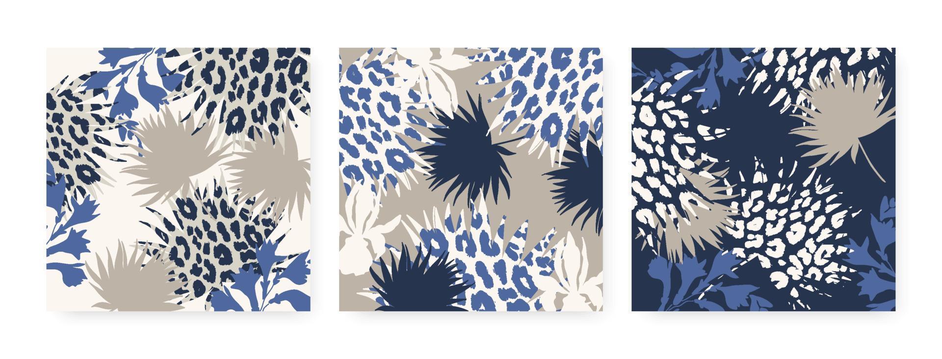 hojas de palma abstractas premium rellenas y flores con estampado animal. Fondo transparente tropical de moda de lujo moderno. fondo de follaje exótico con una textura áspera para textiles, telas, impresión vector