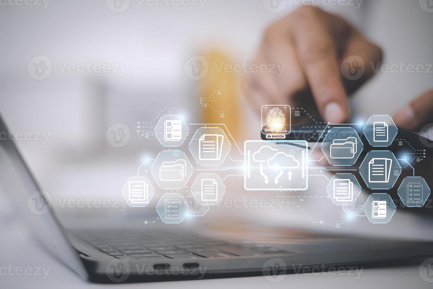 Fingerprint scanning and biometric authentication. system for document management DMS software that automates the archiving and management of data files. concept of Internet technology. photo