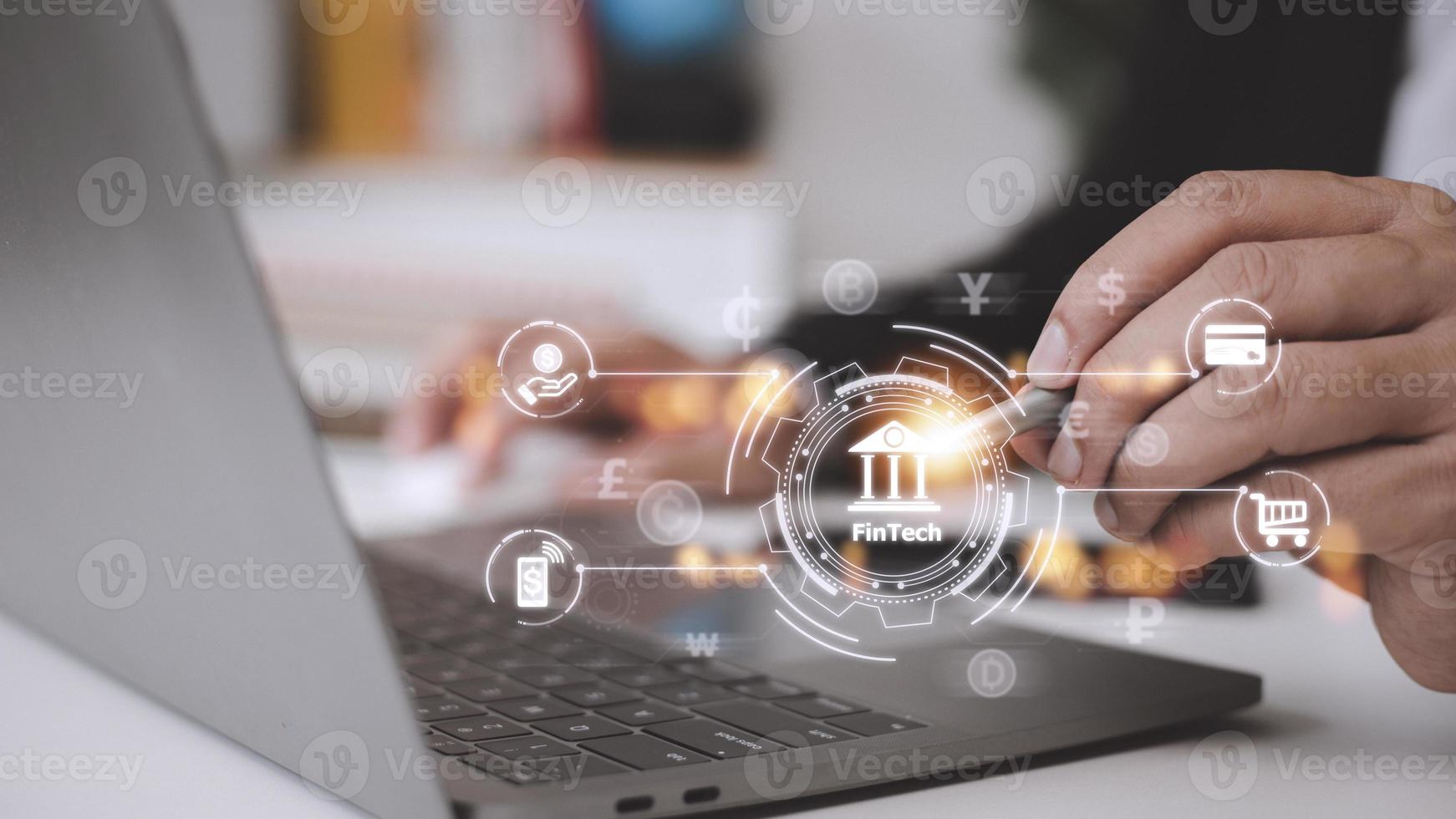 Future of financial technology concept businessman selecting fintech word photo