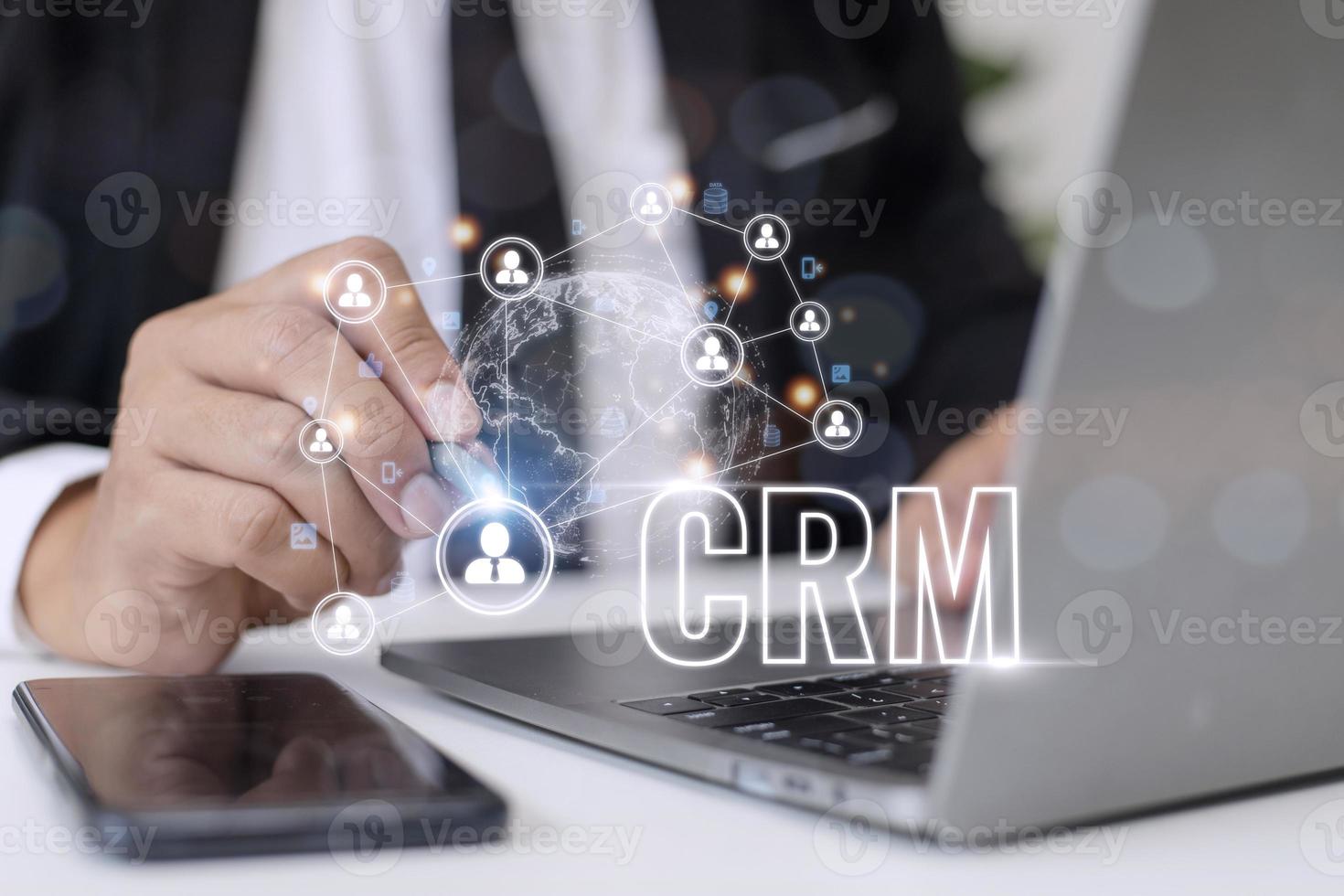 CRM Customer Relationship Management for business sales marketing system concept presented in futuristic graphic interface of service application to support CRM database analysis. photo