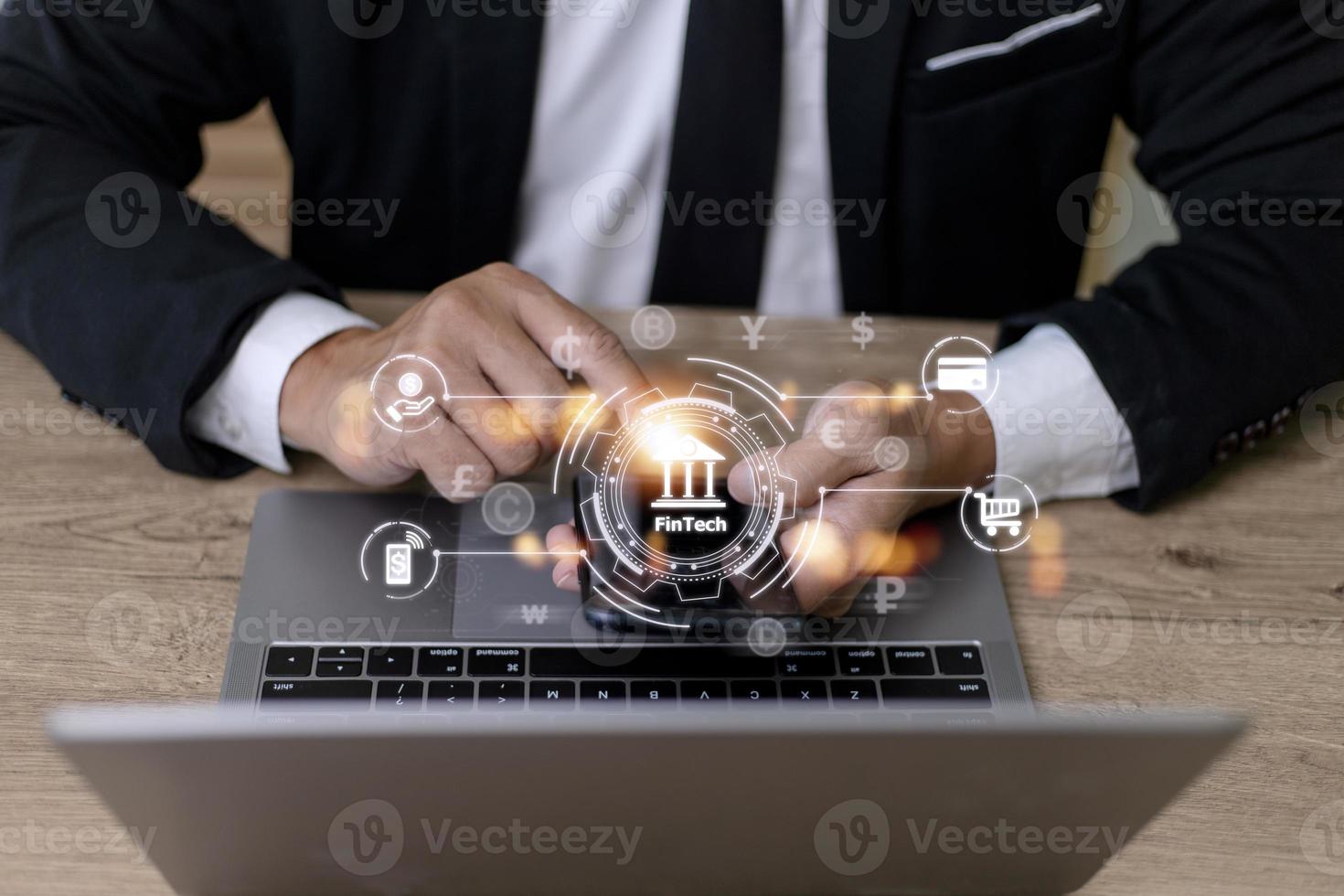 Future of financial technology concept businessman selecting fintech word photo