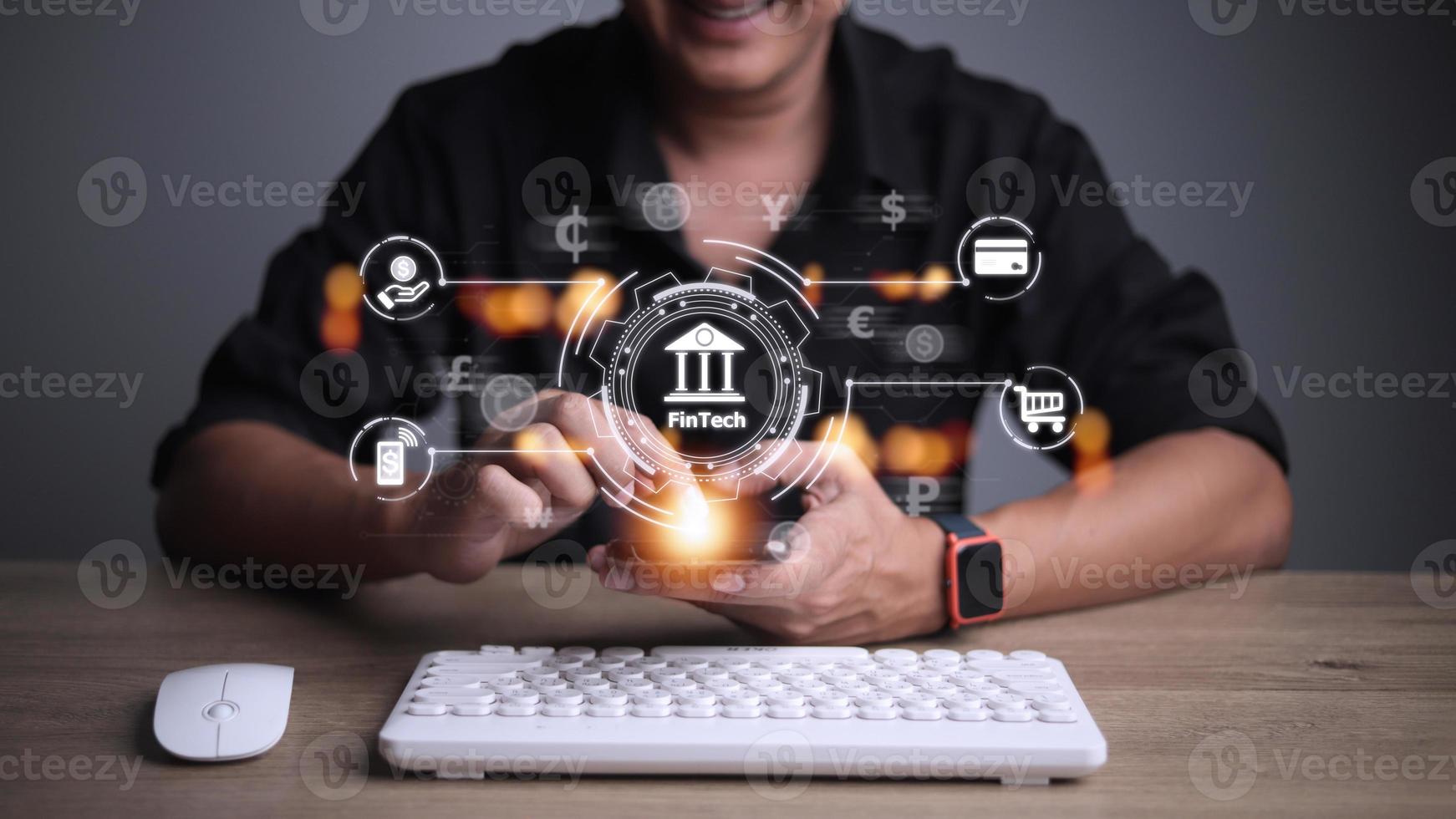Future of financial technology concept businessman selecting fintech word photo
