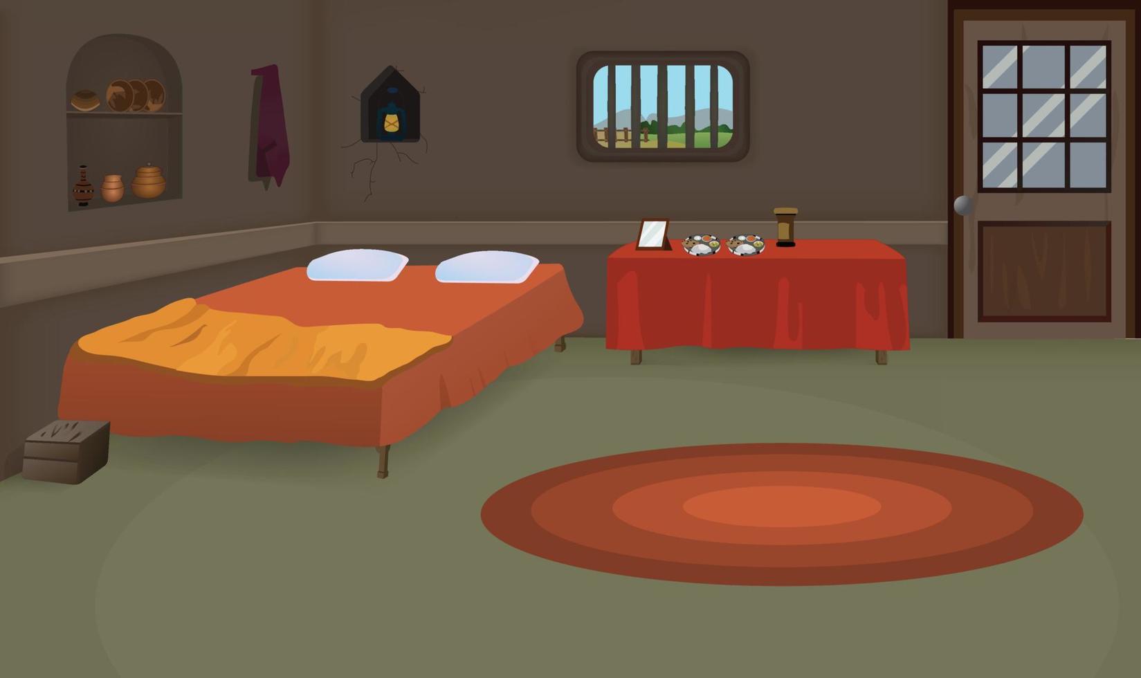 Village room inside cartoon background vector artwork poor room interior illustration.