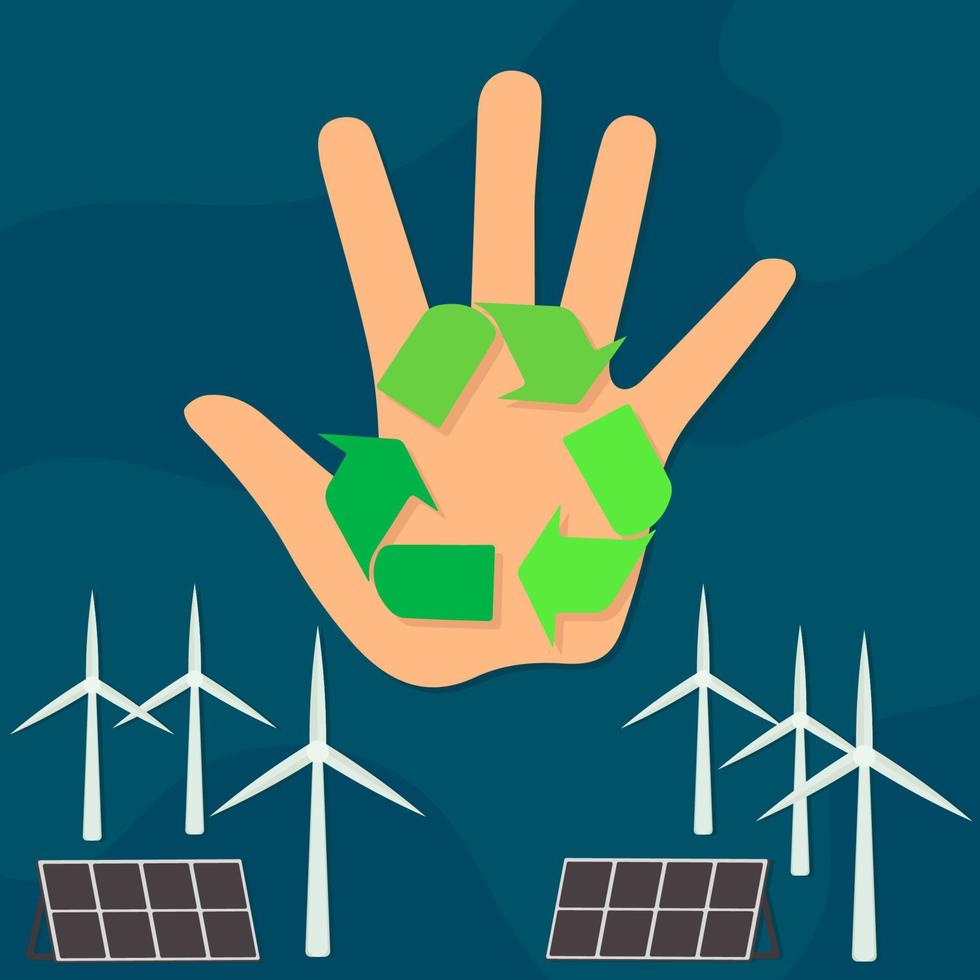 icono, pegatina, botón sobre el tema del ahorro y la energía renovable con palma, turbina eólica y panel solar vector