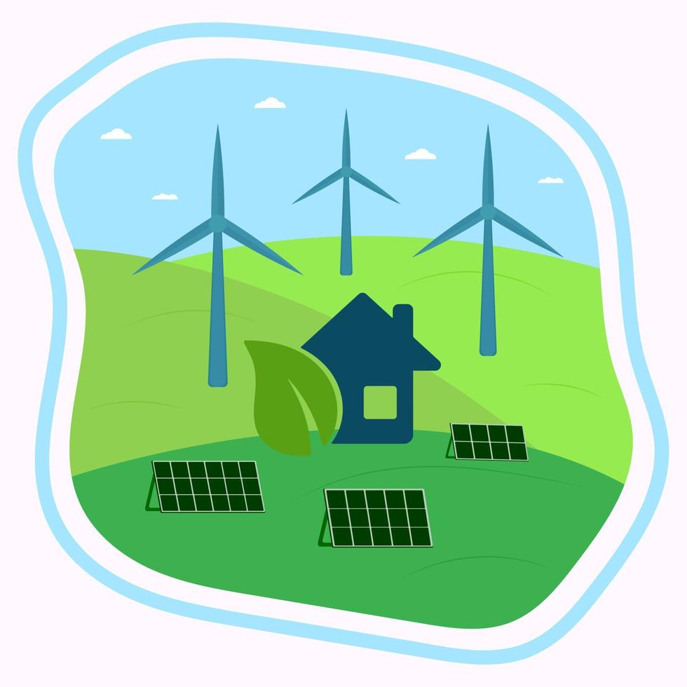 icono, pegatina, botón sobre el tema del ahorro y la energía renovable con la tierra, el planeta, la casa y las turbinas eólicas vector