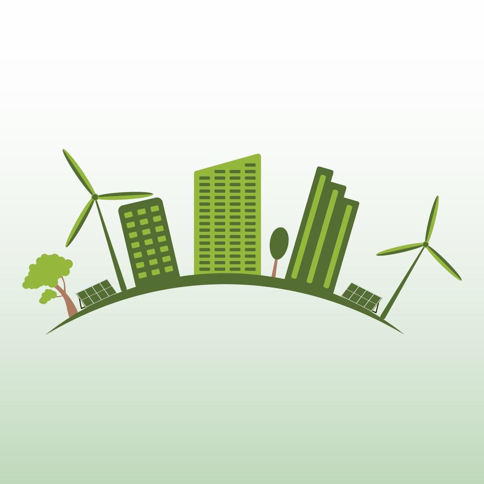 icon, sticker, button, logo on the theme of saving and renewable energy with city, houses, solar panels and Wind turbines in green colors vector