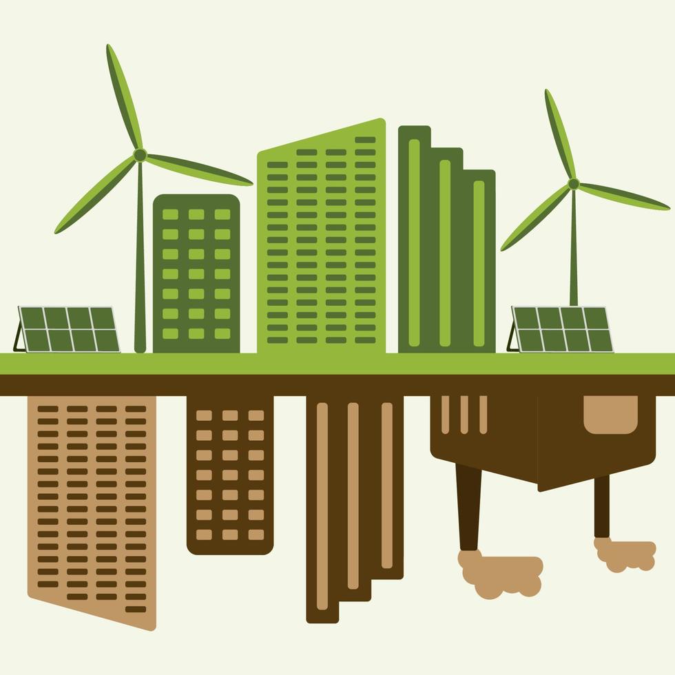 icon, sticker, button on the theme of saving and renewable energy with city with non-renewable energy and city with wind turbines, solar panels. Green and brown vector