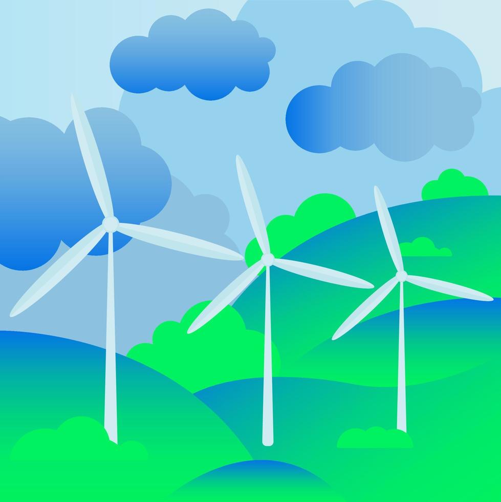 icon, sticker, button on the theme of saving and renewable energy with landscape with Wind turbines in neon colors vector