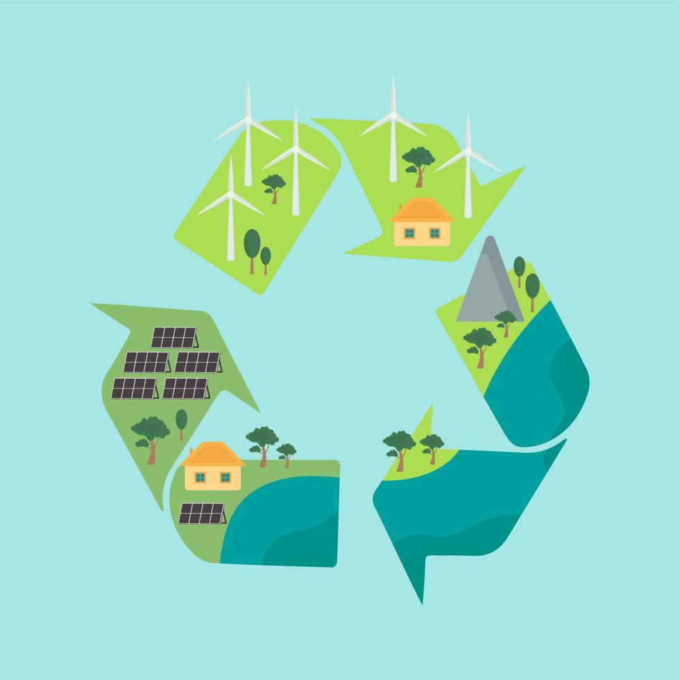 icon, sticker, poster on the theme of saving and renewable energy with renewable icon and landscape with wind turbine, solar panels, houses and trees. vector