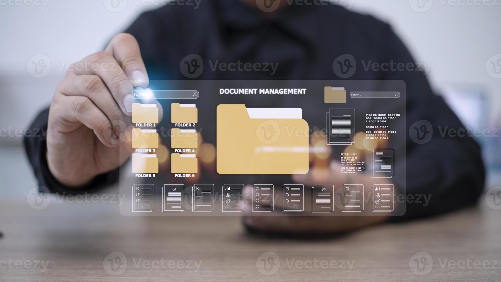 Document management concept. Virtual screen icons Document Management System DMS Online document database, software for efficient archiving, searching and management of company files and data. photo