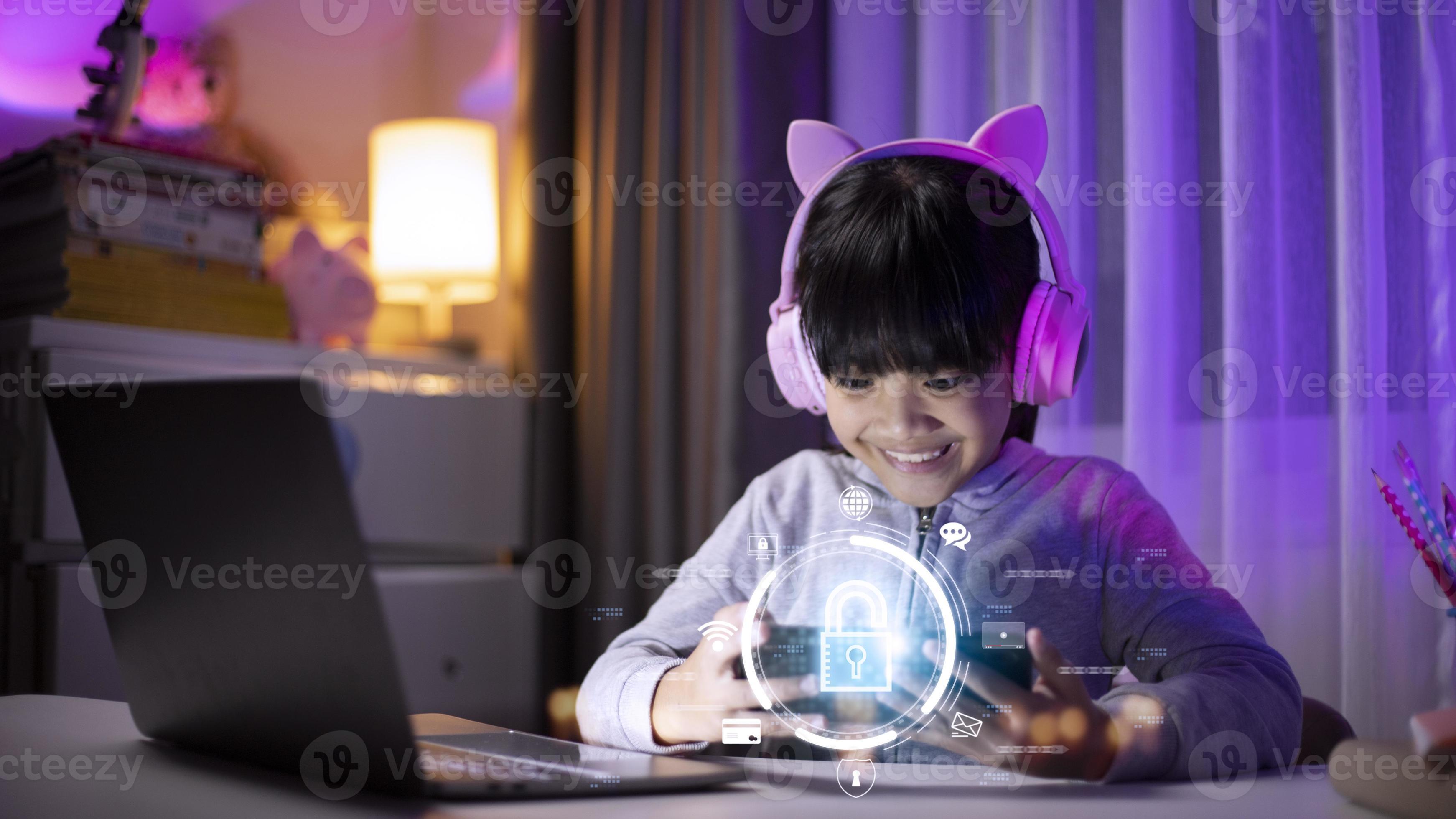 Child safety online. Little girl using smartphone at home. icon of