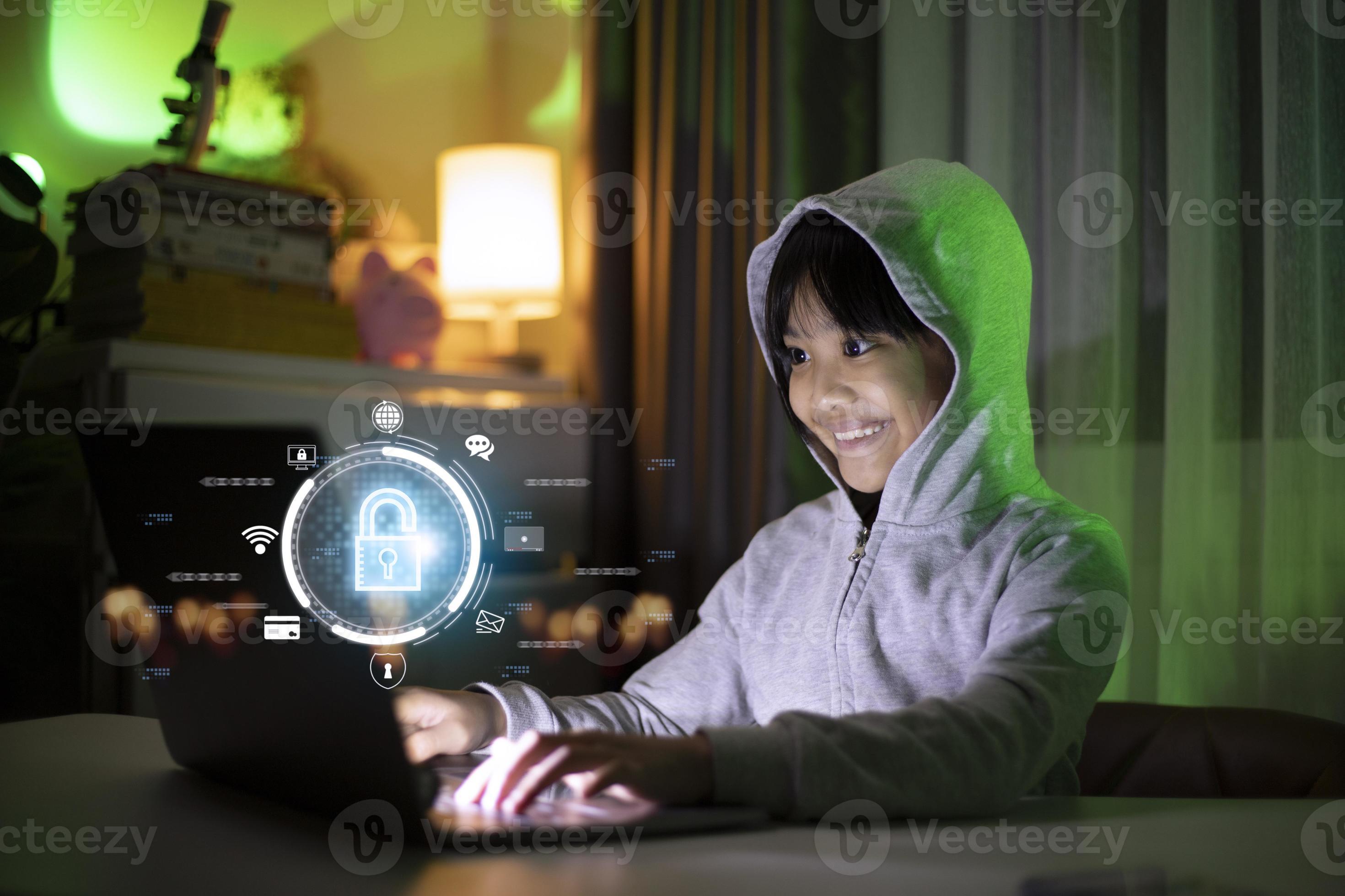 Child safety online. Little girl using laptop at home. icon of