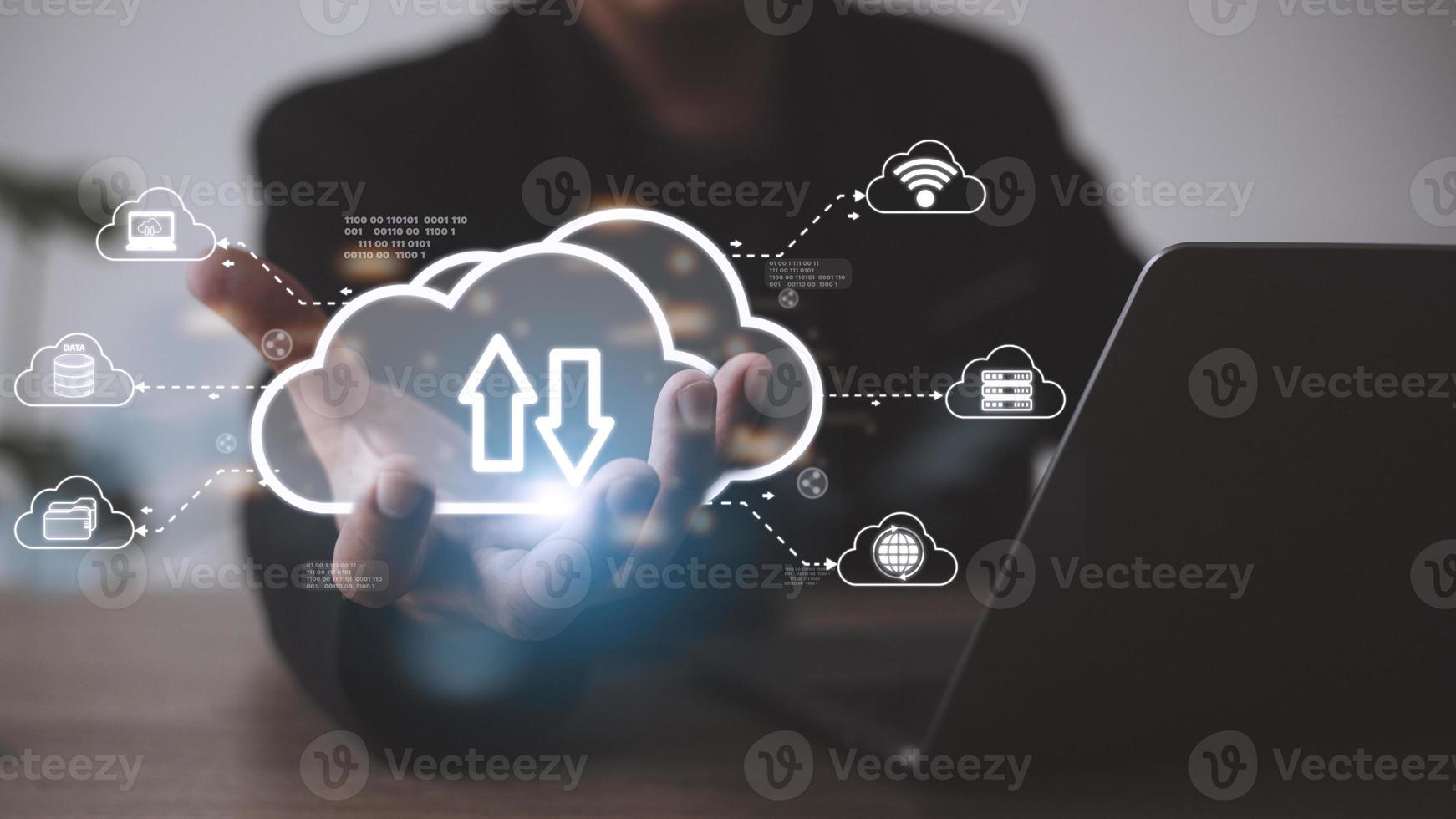 Man with cloud computing diagram show on hand. Cloud technology. Data storage. Networking and internet service concept. photo