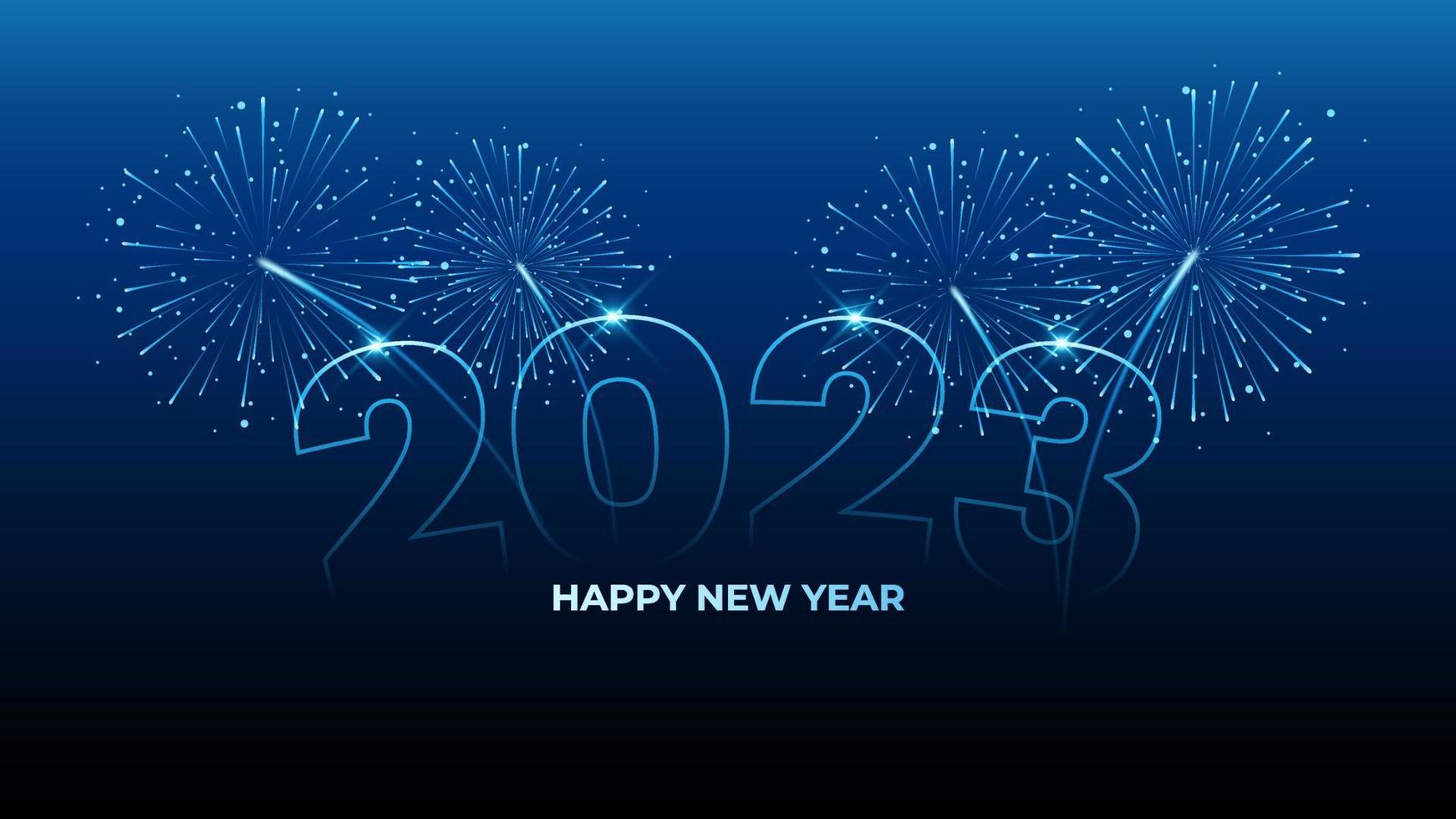 Happy new year 2023 line design with fireworks background vector