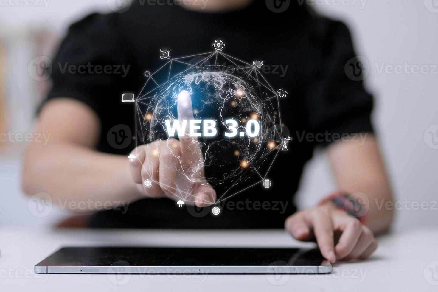 Web 3.0 concept image with a woman using a laptop. Technology and WEB 3.0 concept. photo