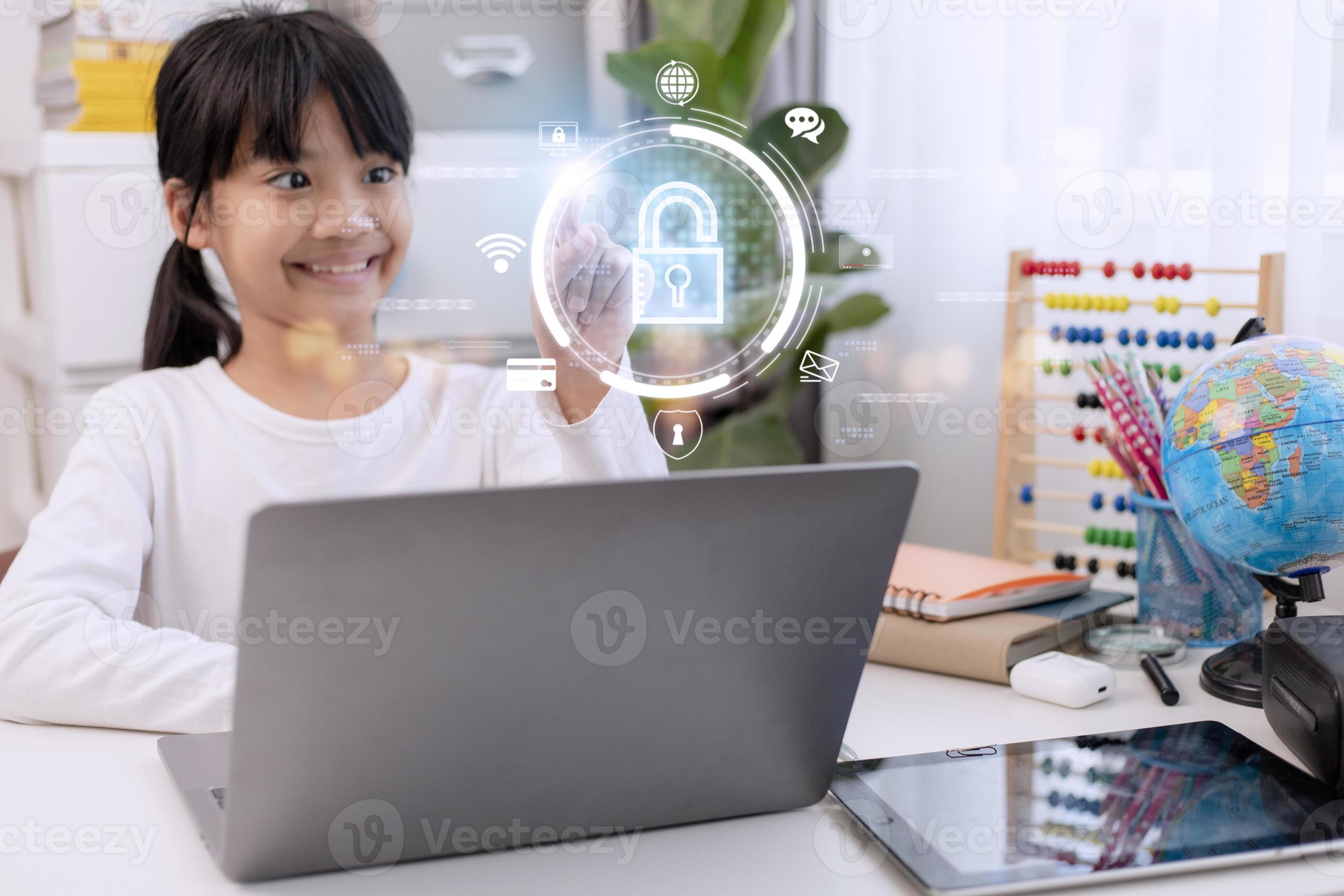 Child safety online. Little girl using laptop at home. icon of