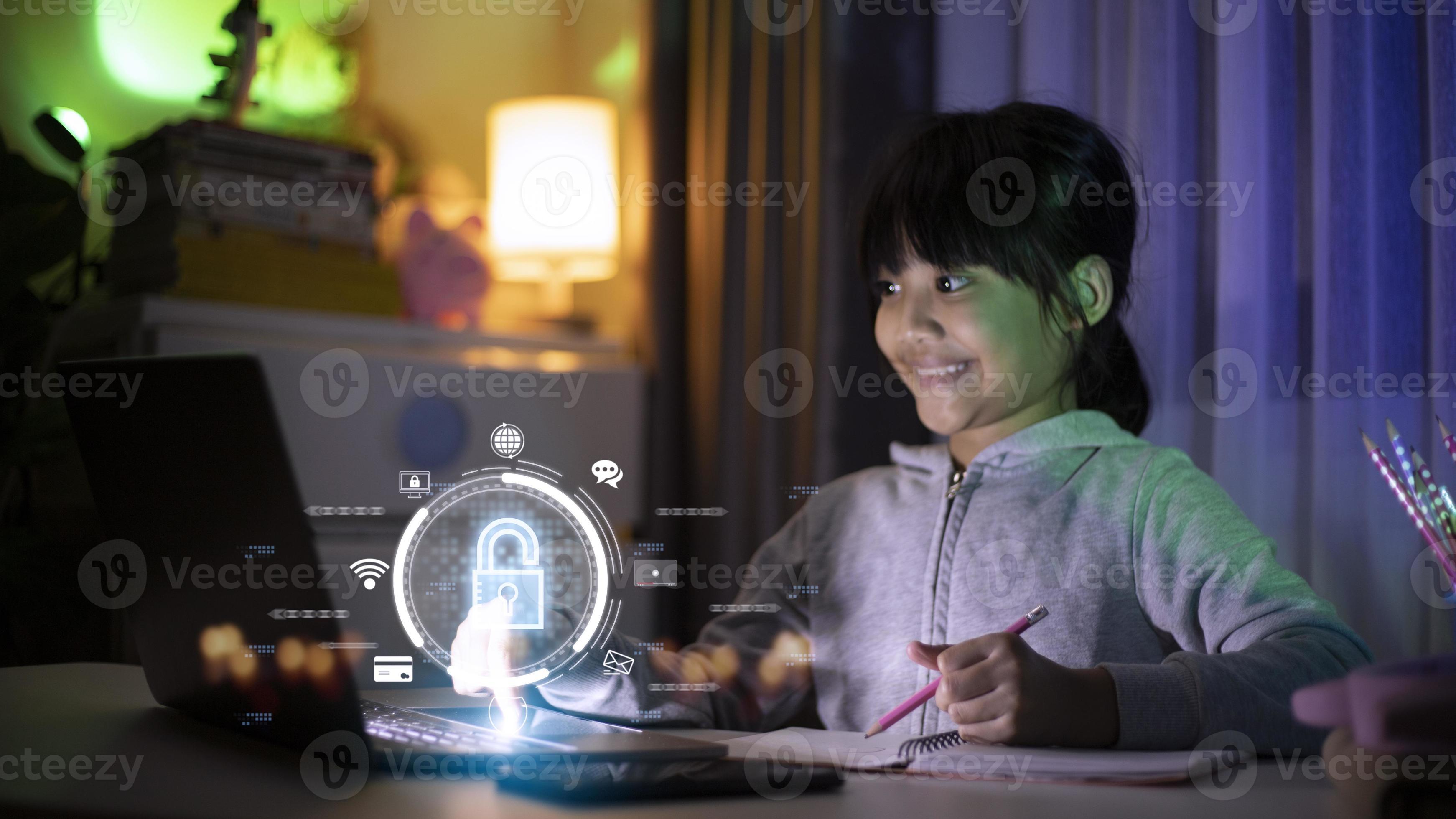 Child safety online. Little girl using laptop at home. icon of
