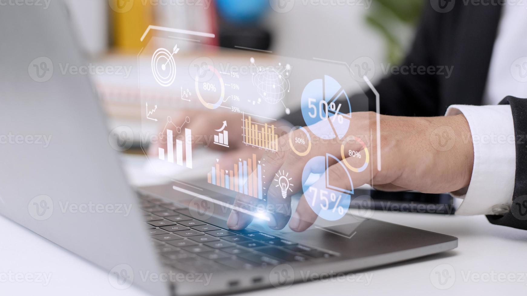 Data analysis, Business intelligence BI, business analytics BA with key performance indicators KPI dashboard concept with financial graphs and market report photo