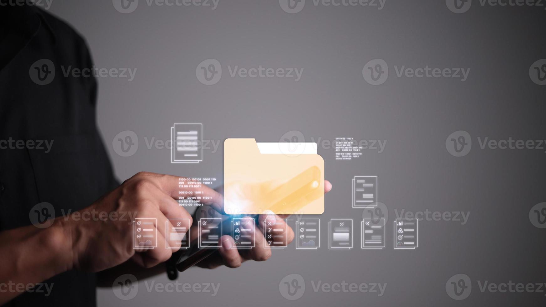 Businessman finger touch digital device, hud hologram with office document icons and binary. Storage of personal data information, online database. Concept of cloud service photo