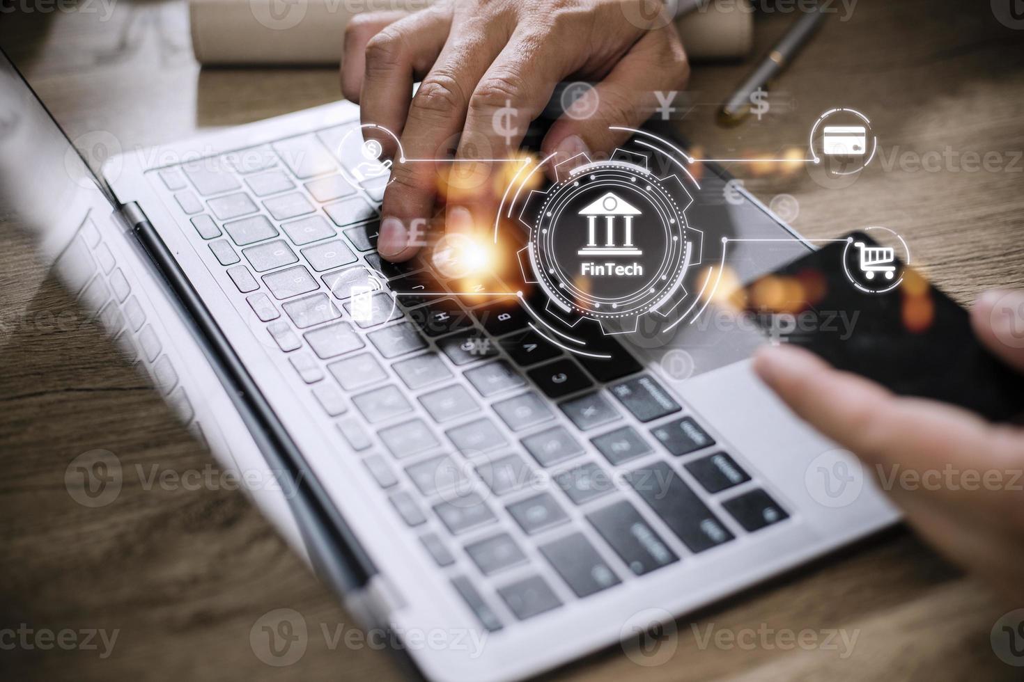 Future of financial technology concept businessman selecting fintech word photo