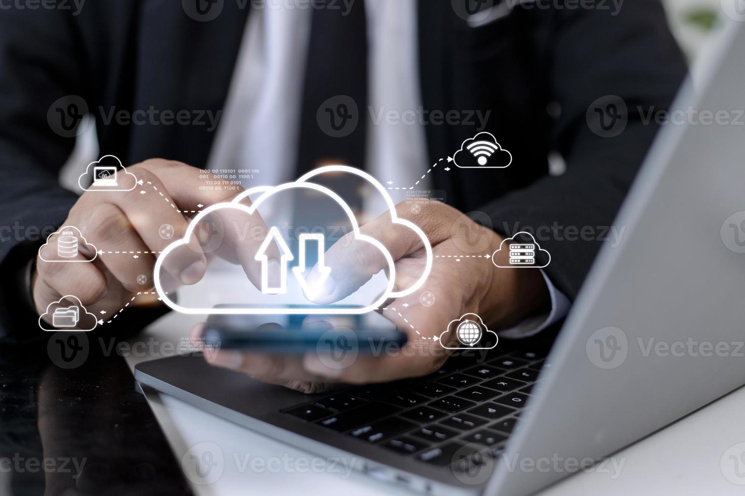 Cloud computing concept - connect to cloud. Businessman or information technologist click on cloud computing icon. photo