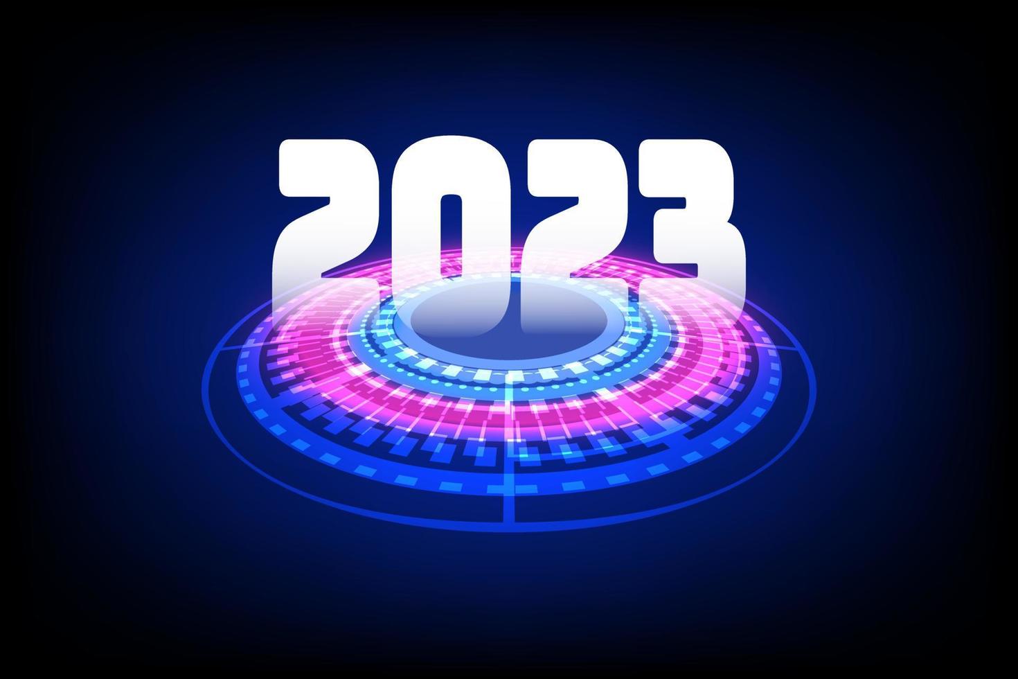 concepto de feliz año nuevo. metálico de 2023 sobre los círculos de alta tecnología rojo y azul, el ciberespacio y la innovación digital. comunicación futurista. interfaz de usuario de ciencia ficción. vector