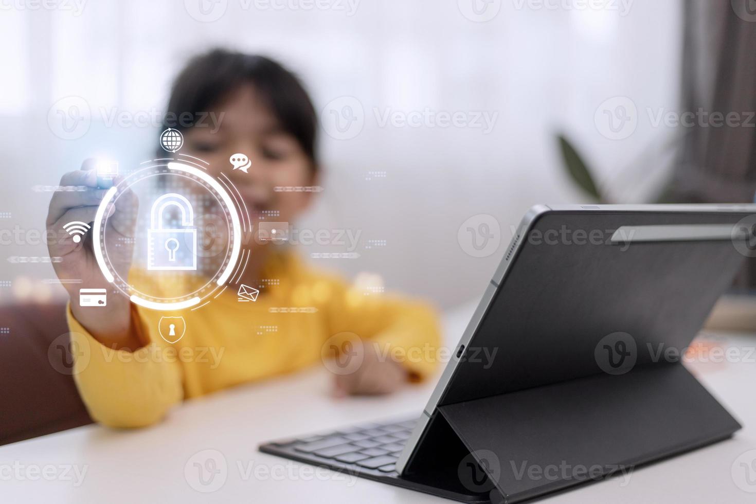 Child safety online. Little girl using laptop at home. icon of