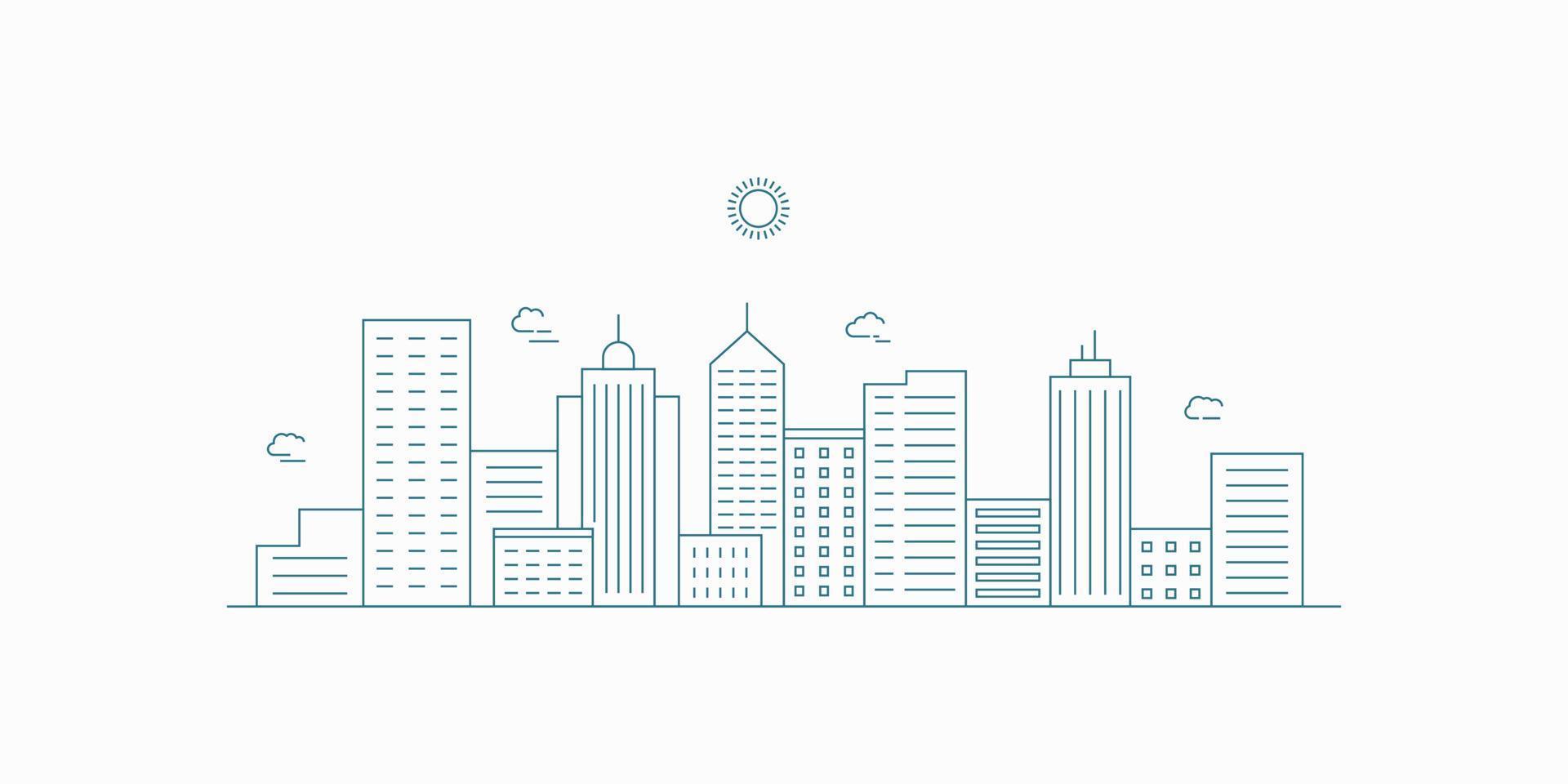 Cityscape. Modern flat line landscape vector. City landscape line art illustration with building, tower, skyscrapers. Vector illustration.