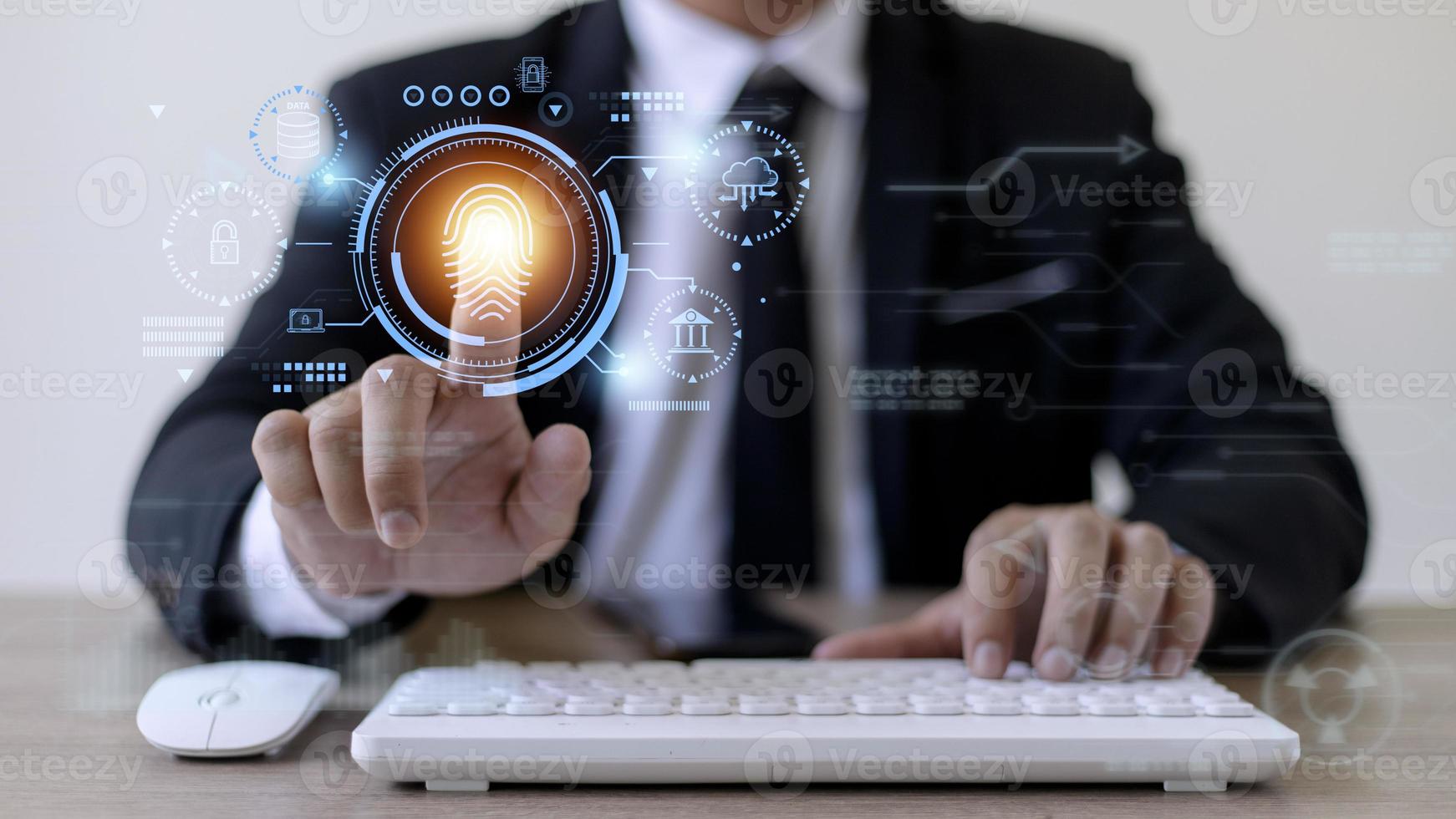 Security of future technology and Cybernetics on the Internet, finger scanning allows access to security and identification of big Data businesses, bank and Cloud Computers. photo