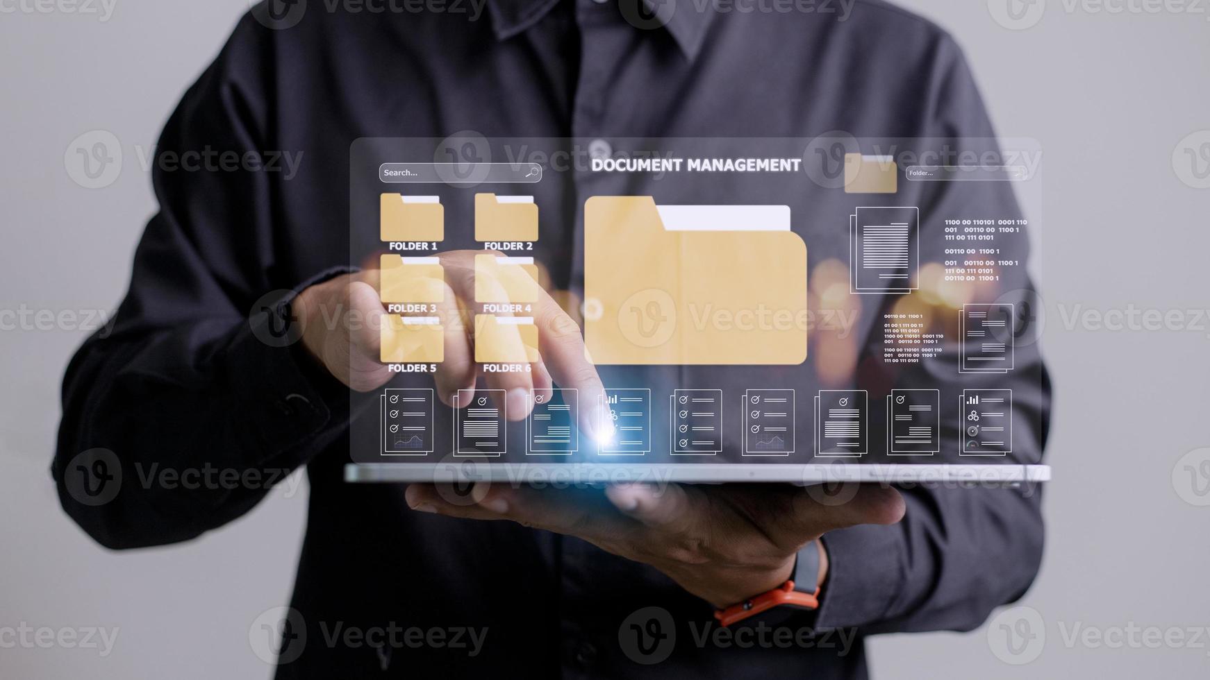 Document management concept. Virtual screen icons Document Management System DMS Online document database, software for efficient archiving, searching and management of company files and data. photo