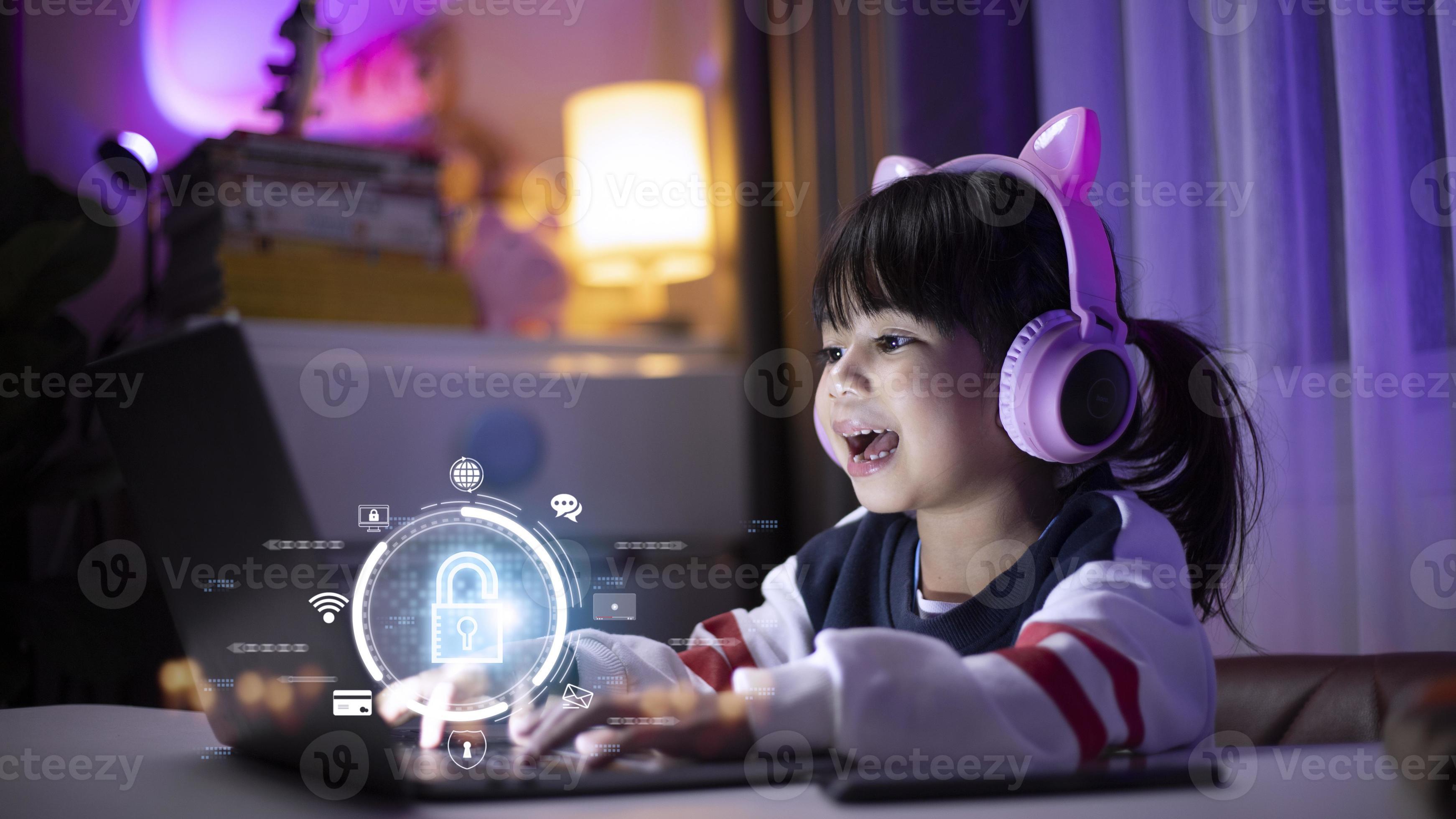 Child safety online. Little girl using laptop at home. icon of