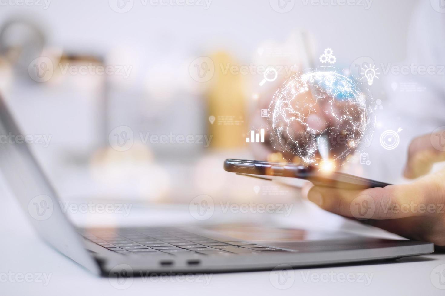 People use mobile smartphones. Business global internet connection application technology and digital marketing, Financial and banking, Digital link tech, big data. photo