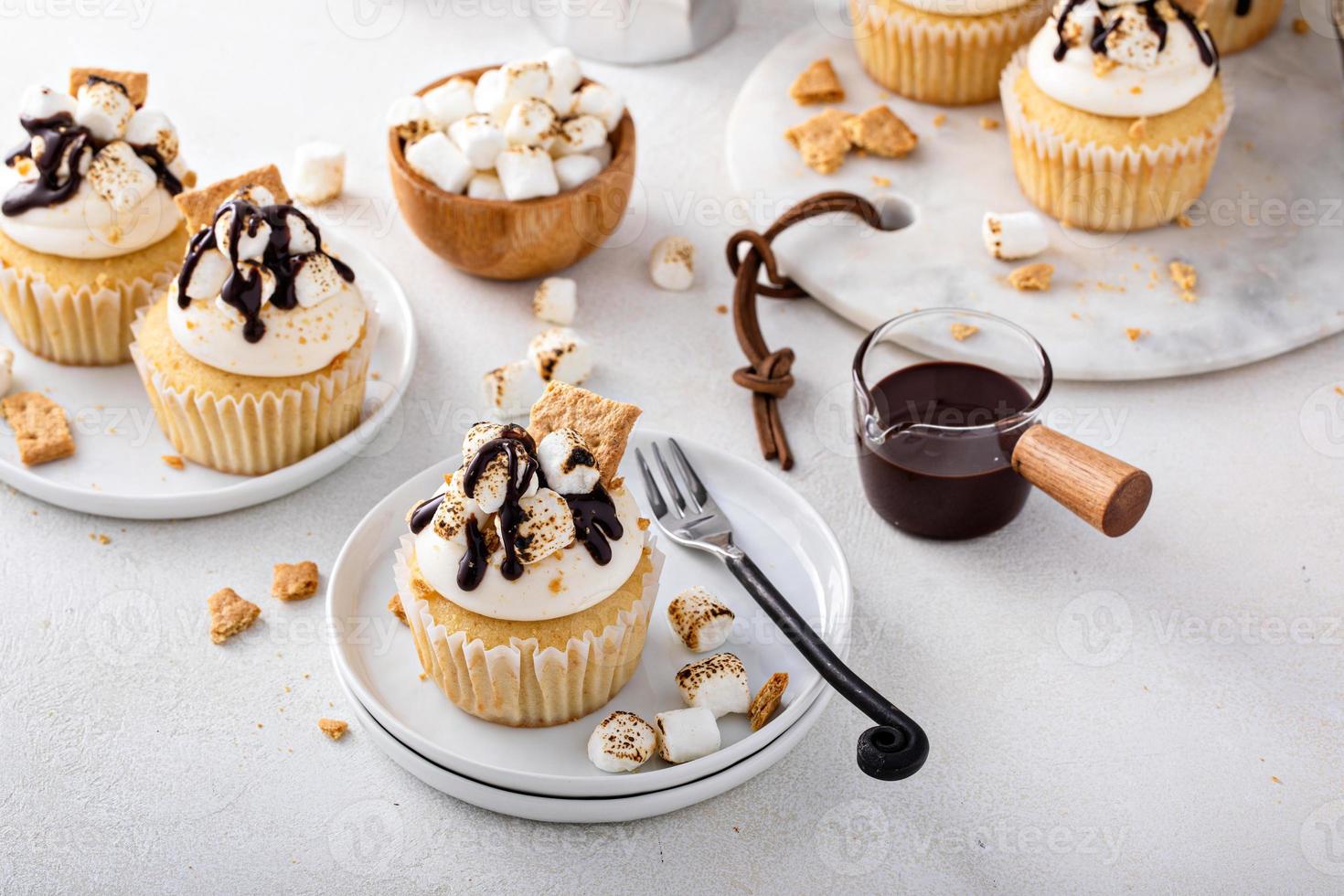 Smores cupcakes with graham crackers, toasted marshmallows and chocolate photo