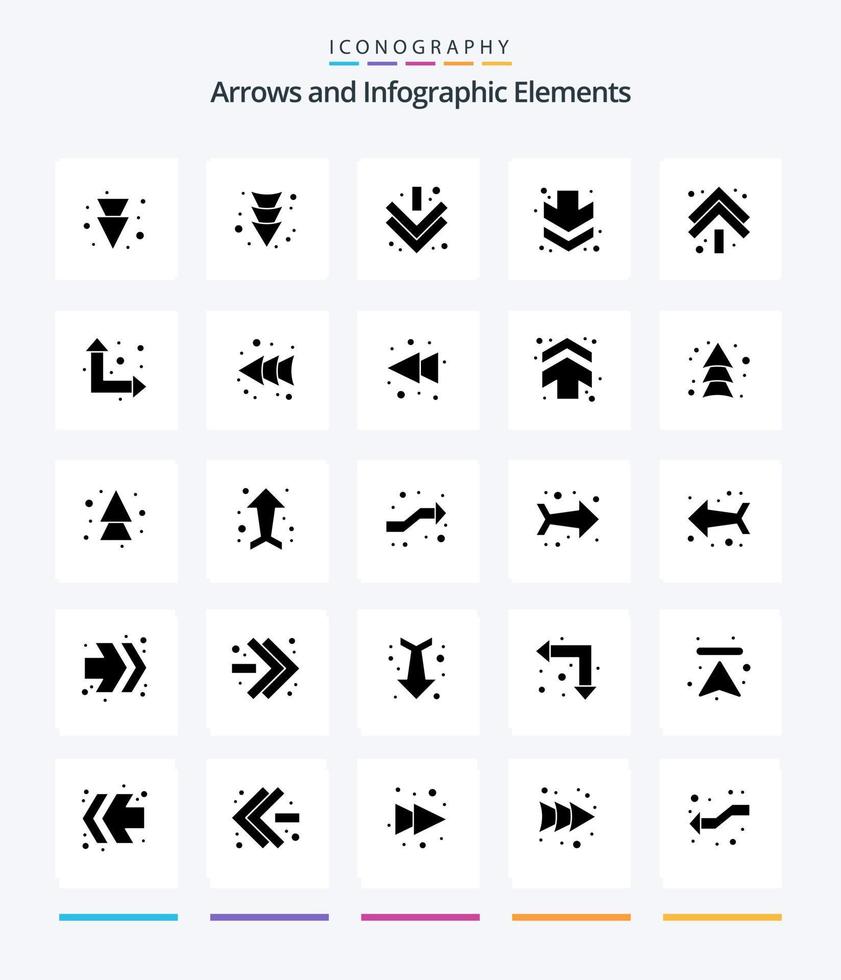 paquete de iconos de flecha creativa de 25 glifos en negro sólido, como flechas. hasta. flechas flechas rebobinar vector