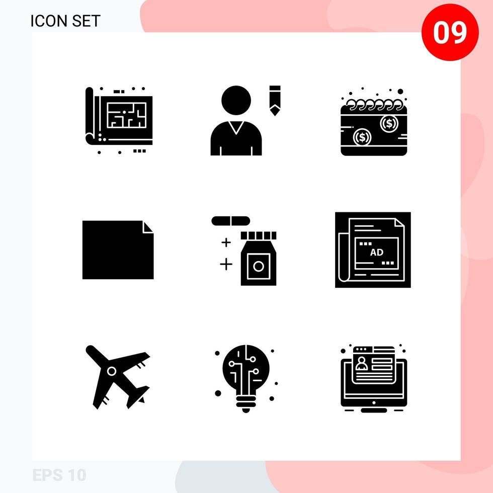 paquete de vectores de 9 iconos en un paquete de glifos creativos de estilo sólido aislado en fondo blanco para web y móvil