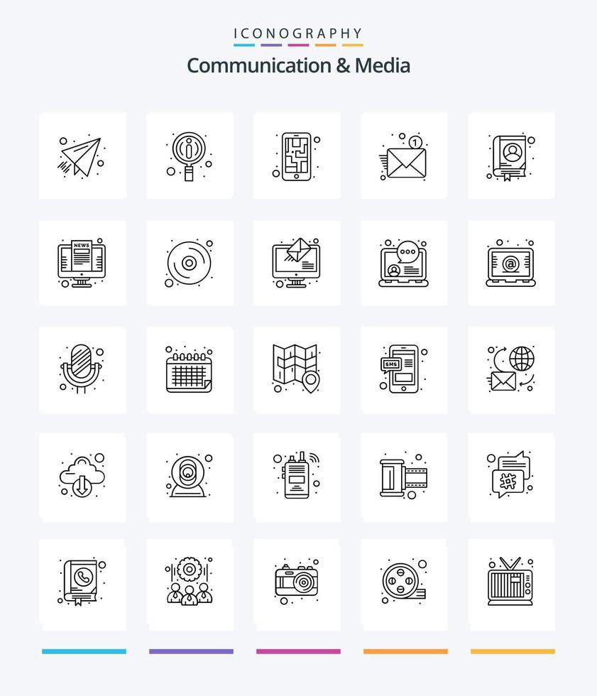 comunicación creativa y paquete de iconos de contorno de 25 medios, como contacto. dirección. móvil. carta. nuevo vector