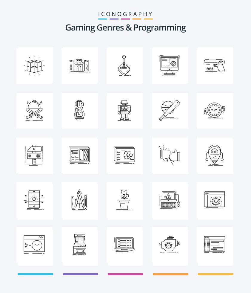 Creative Gaming Genres And Programming 25 OutLine icon pack  Such As function. command. fortress. stick. gaming vector