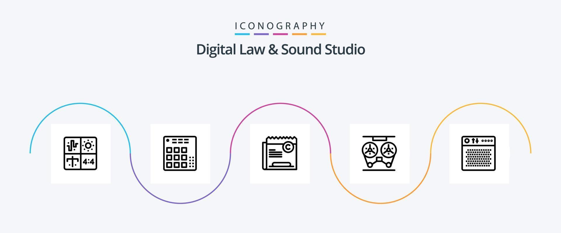 Digital Law And Sound Studio Line 5 Icon Pack Including record. audio. live. file. restriction vector