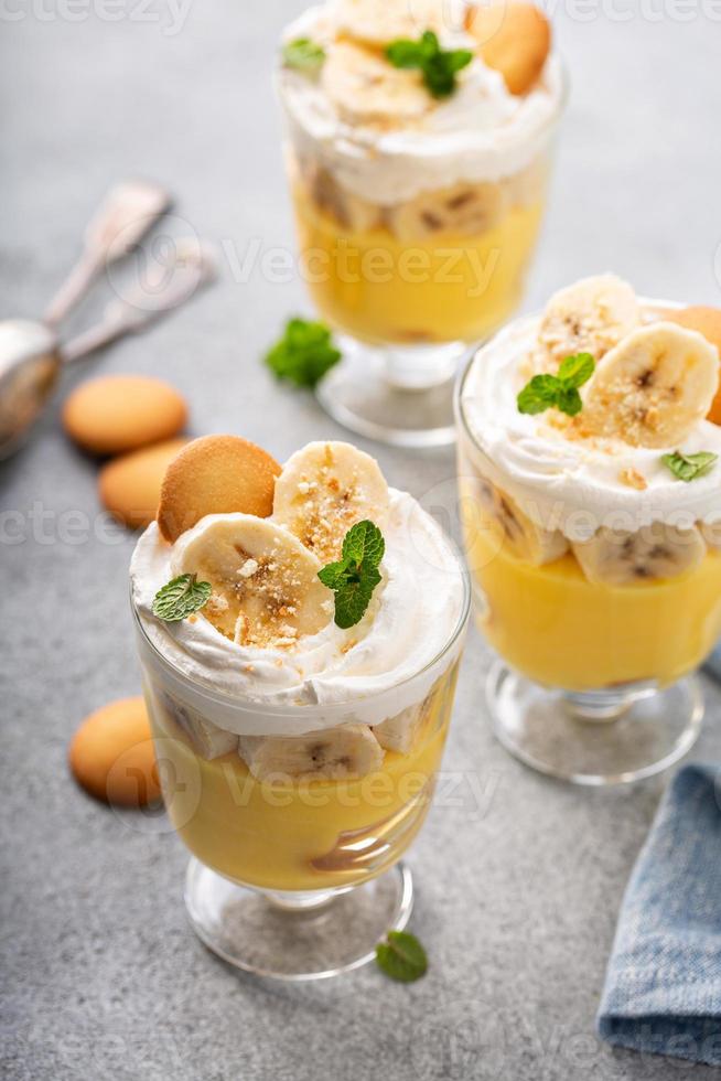 Banana pudding in small glasses photo