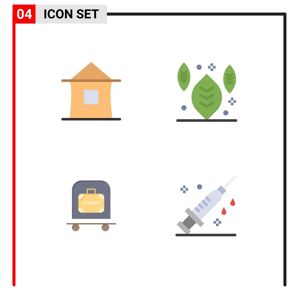 Universal Icon Symbols Group of 4 Modern Flat Icons of building luggage hut leaf bag Editable Vector Design Elements