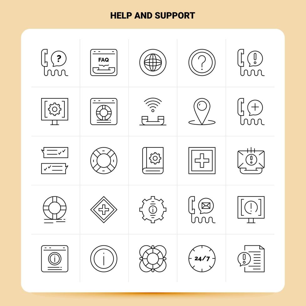 OutLine 25 Help And Support Icon set Vector Line Style Design Black Icons Set Linear pictogram pack Web and Mobile Business ideas design Vector Illustration