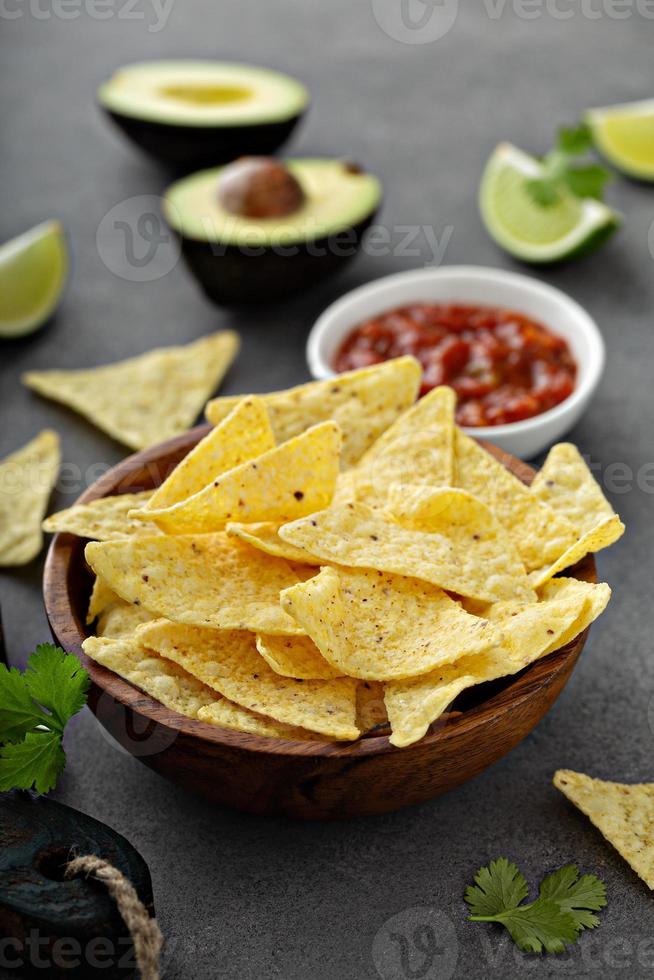Tortilla chips in a bowl with salsa photo