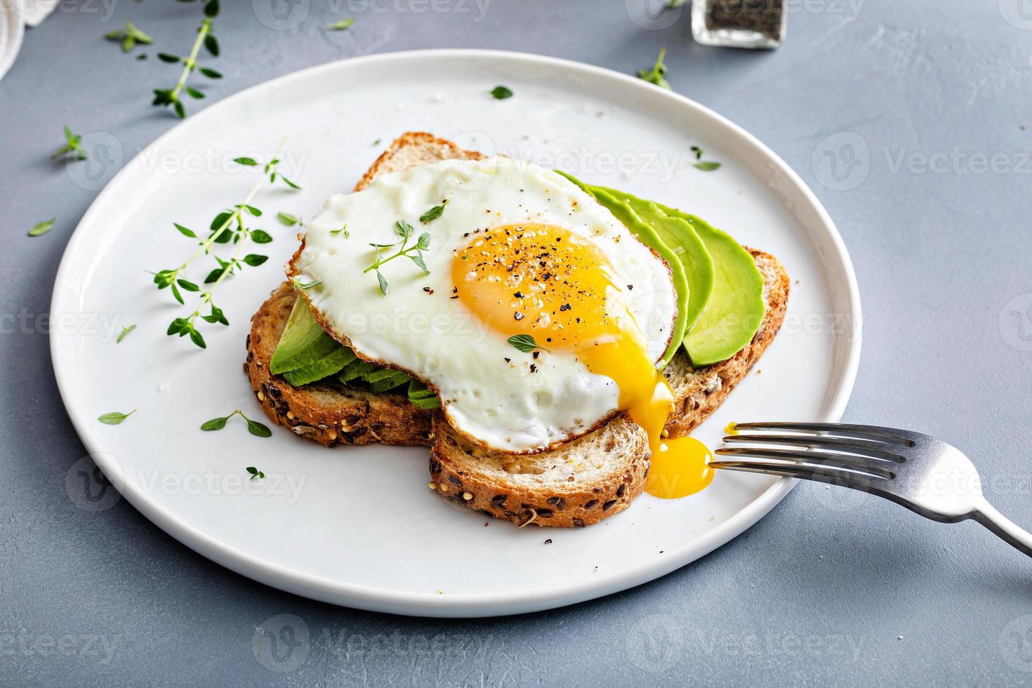 Avocado toast on a toasted multigrain bread with a fried egg 15946026
