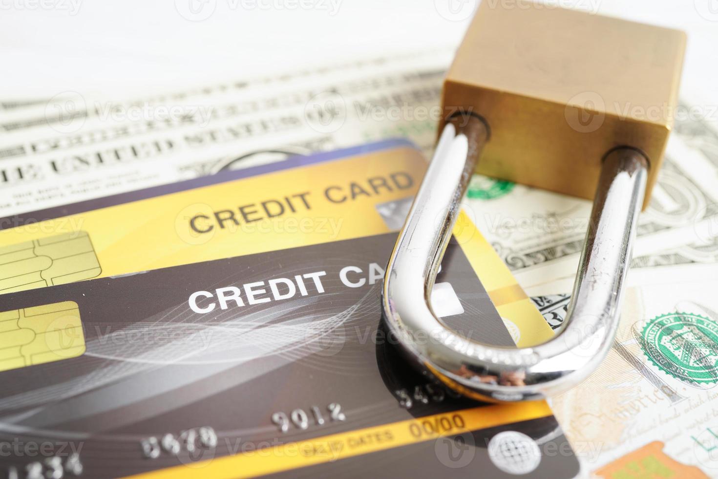 Credit card with password key lock, security finance business concept. photo