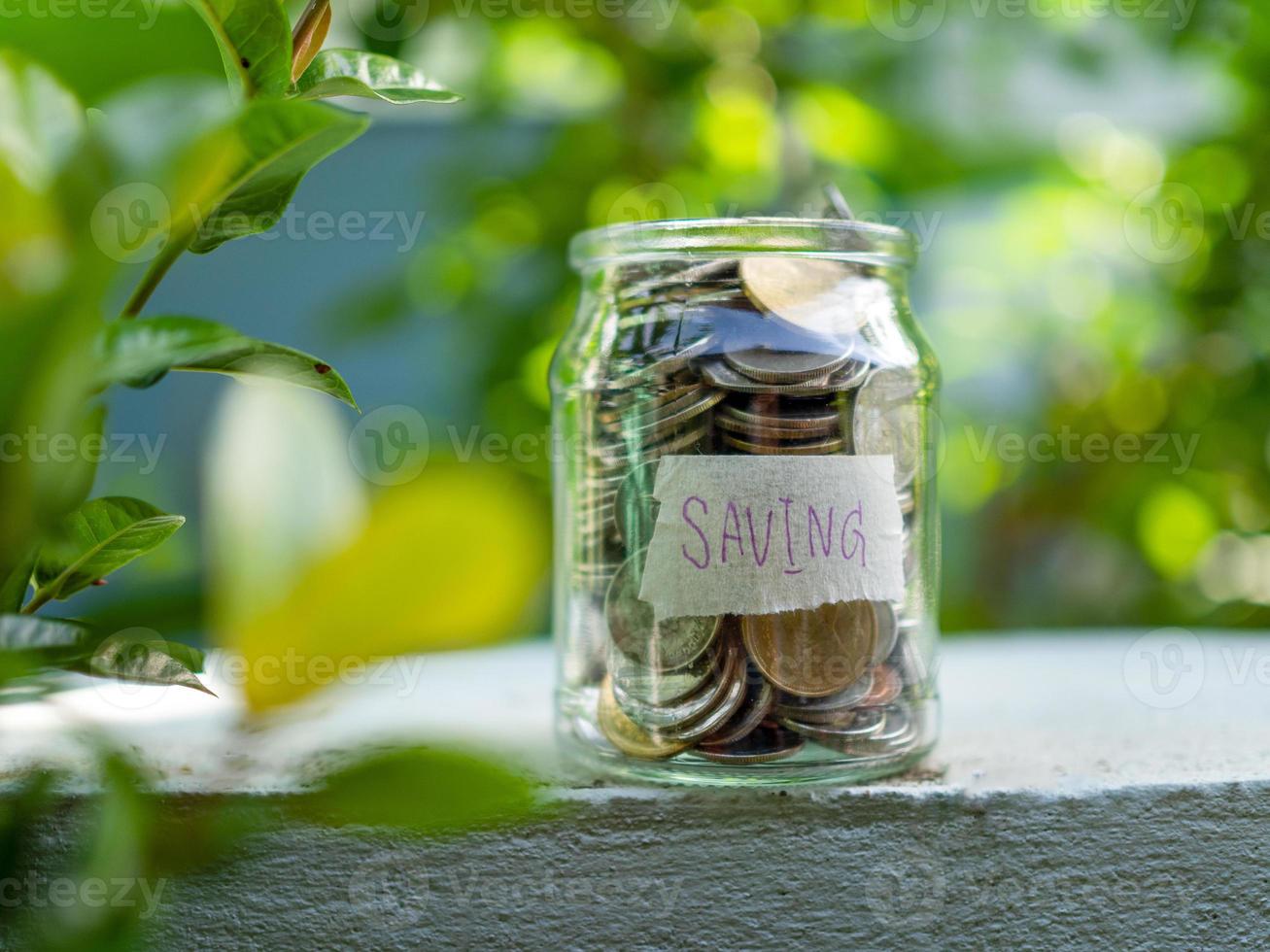 Coins in glass bottles on nature background. The concept of savings and investment. photo