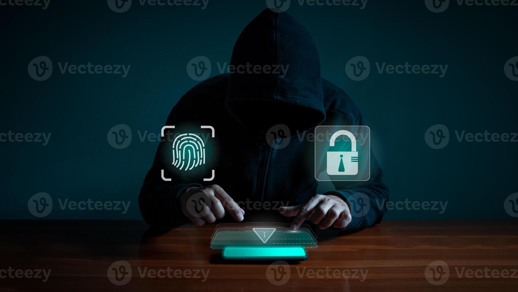 Hackers spy on cell phones. Concept of information security system in internet network and information espionage. photo