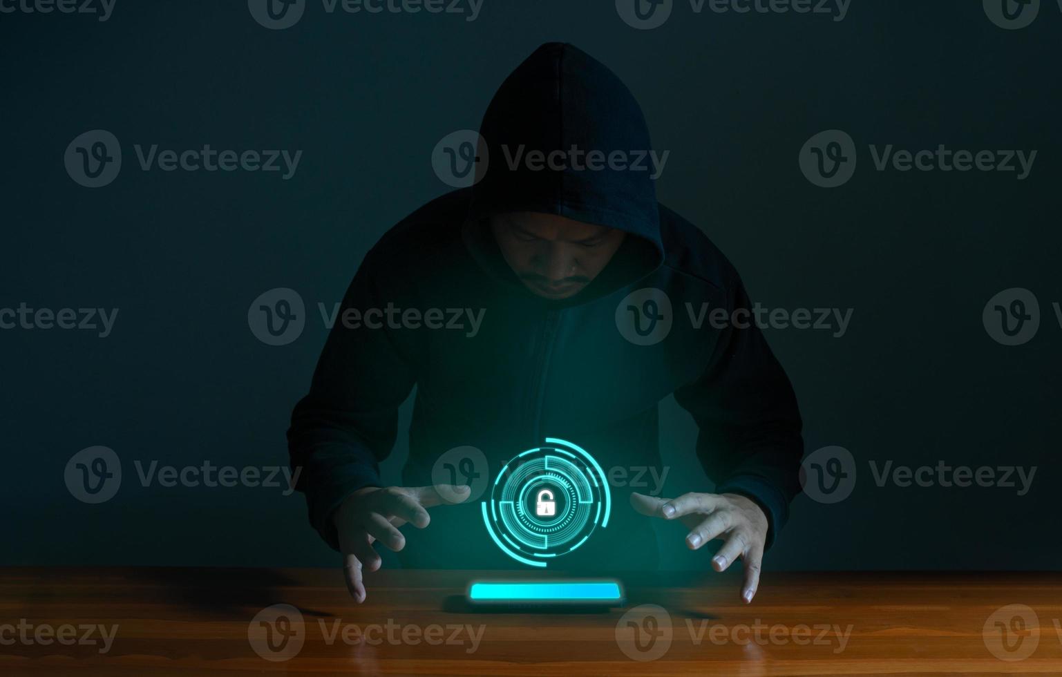 Hackers spy on cell phones. Concept of information security system in internet network and information espionage. photo