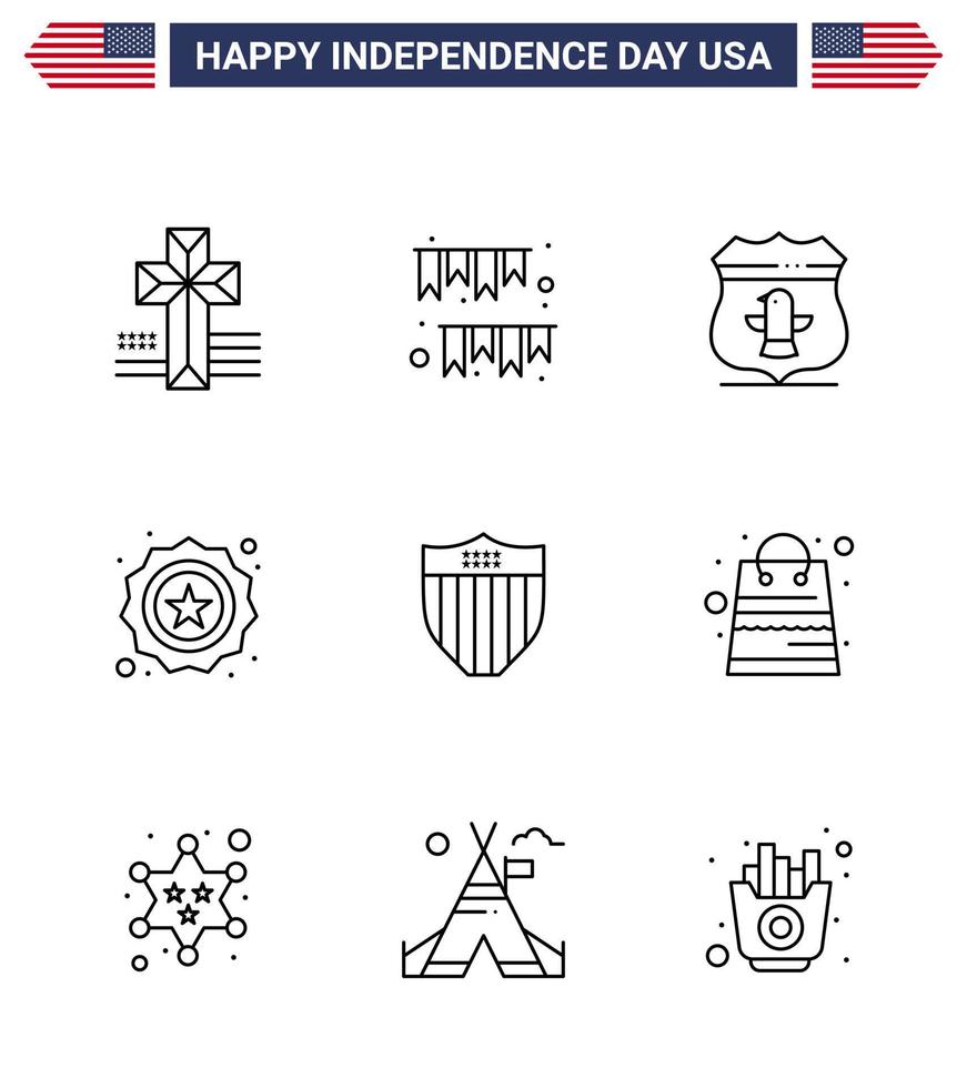 conjunto de 9 iconos del día de los ee.uu. símbolos americanos signos del día de la independencia para escudo bandera insignia del escudo elementos de diseño del vector del día de los ee.uu. editables americanos